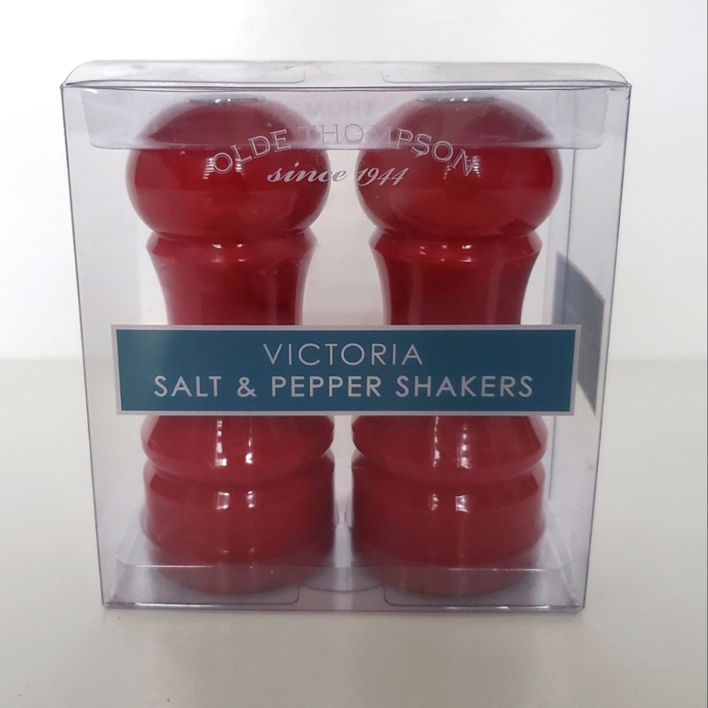 OLDE THOMPSON Red Salt & Pepper Shakers 'Victoria' Design Opaque Silver Accent